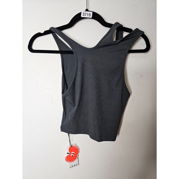 NWT Slate Gray Asymetrical High Neck Cut Out Fitted Crop Tank Top Small - Picture 3 of 7